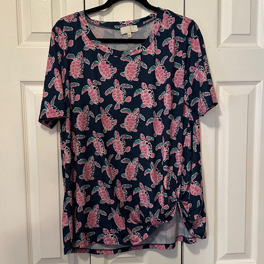 Simply Southern Navy & Pink Sea Turtle All Over Print Front Tie Top